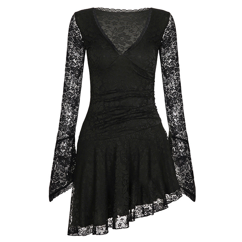 Damen Wickelkleid mit Spitzenärmel und voluminösem Rock Drune