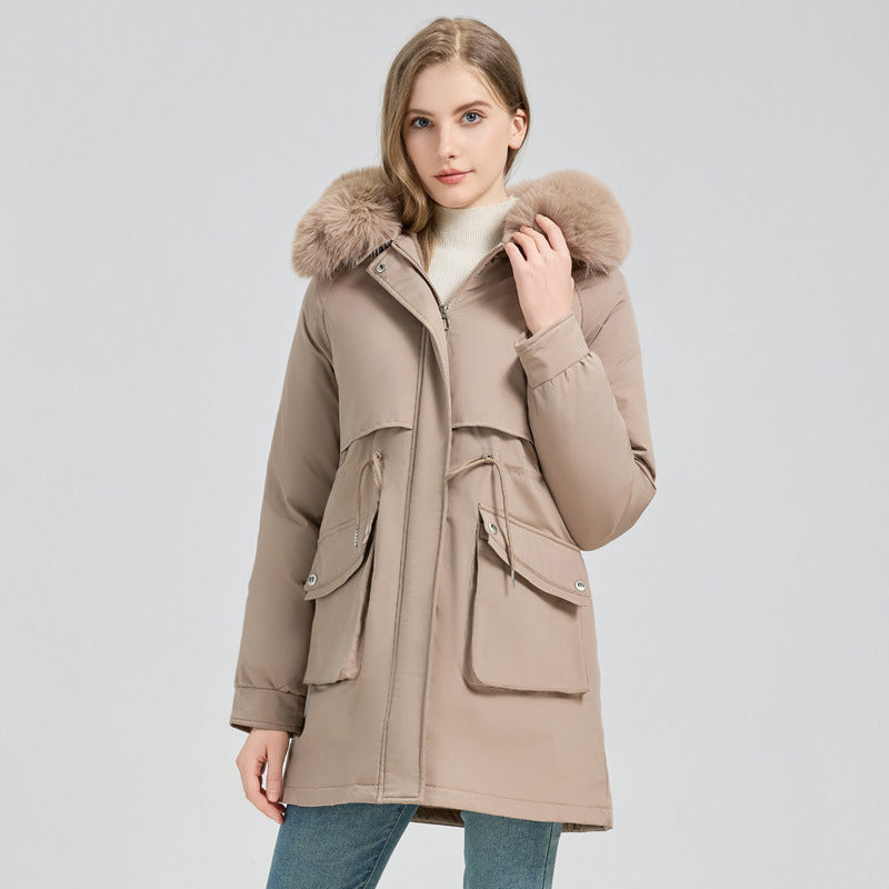 Damen Modische Pufferjacke mit abnehmbarem Kunstpelzkragen und funktionalen Taschen Drune