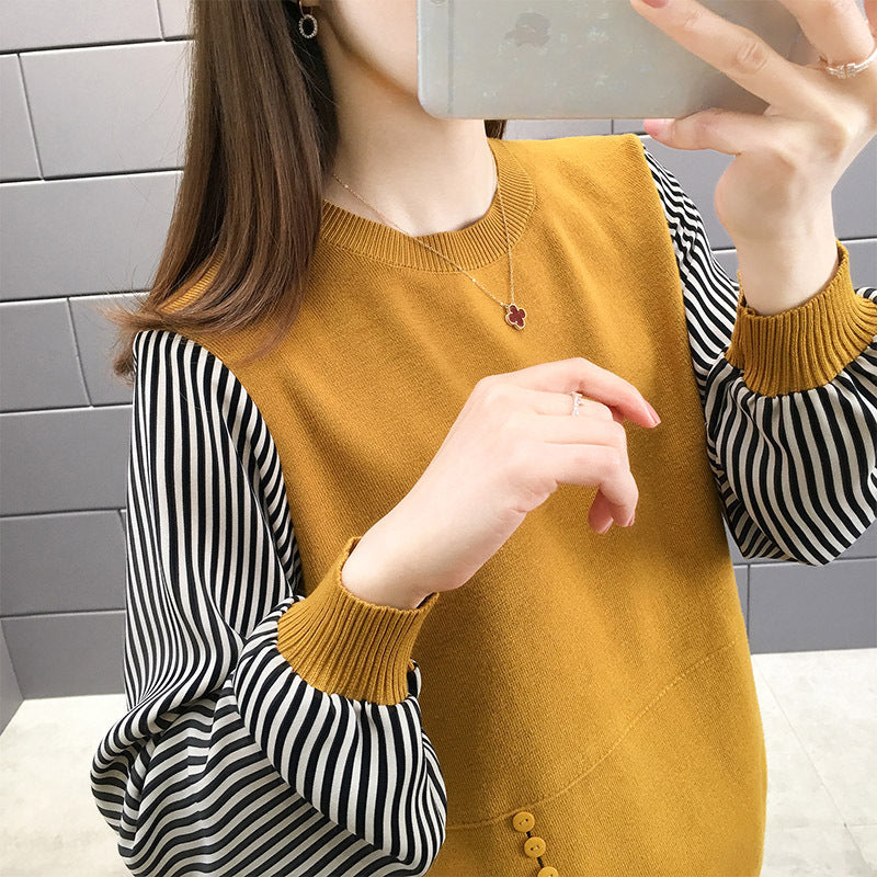 Damen Layered Sweatshirt mit gestreiften Ärmeln und Knopfdetails Drune