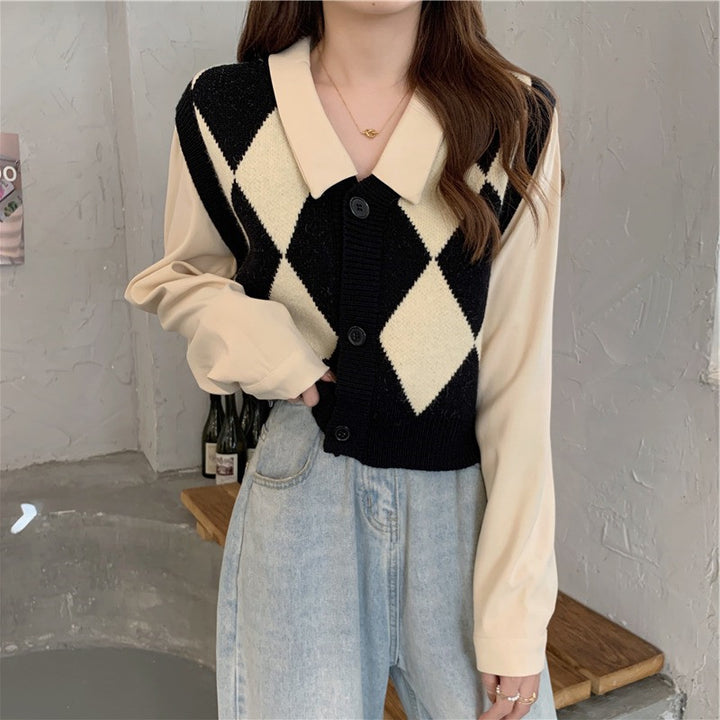 Damen Stilvolle Weste mit Rauten-Muster und Hemdkragen Drune