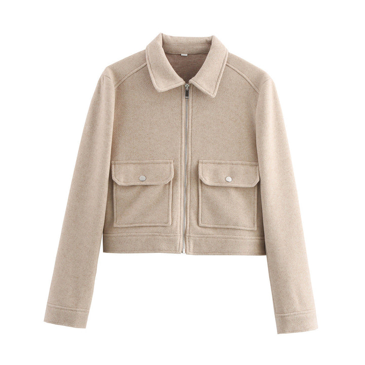 Damen Kurze Fleecejacke mit Stilvollen Brusttaschen und Elegantem Kragen Drune