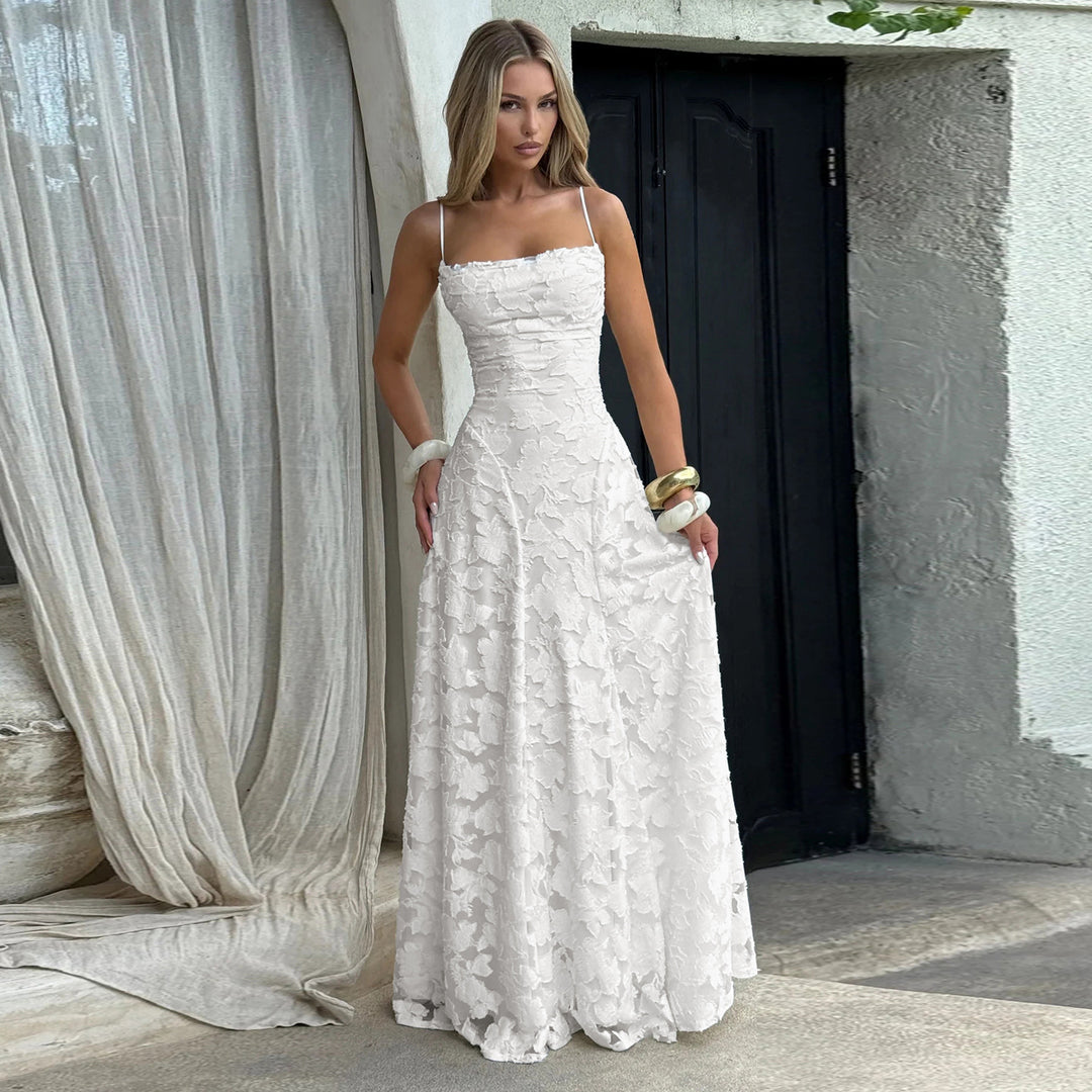 Damen elegantes Maxikleid mit zartem floralem Muster und Spaghetti-Trägern Drune