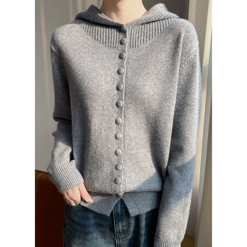 Damen Strickjacke mit Kapuze und dekorativen Knopfdetails Drune
