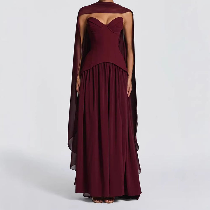 Damen Elegantes Maxikleid mit Abnehmbarem Cape Drune
