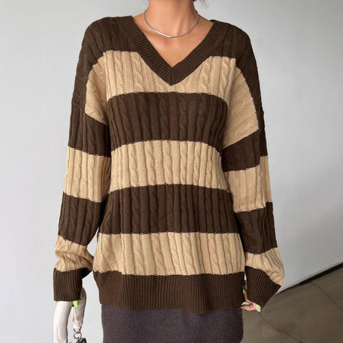 Damen Grobstrickpullover mit modischem V-Ausschnitt und buntem Streifenmuster Drune