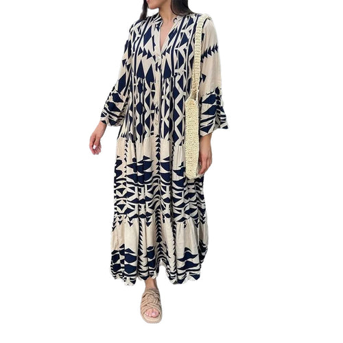 Damen Maxikleid mit geometrischem Muster und fließendem Schnitt Drune