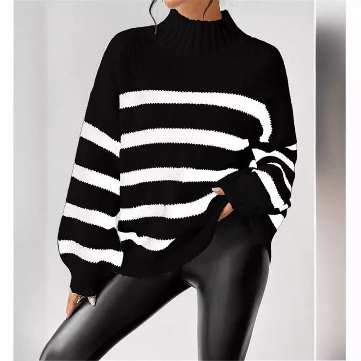 Damen Grobstrickpullover mit modischen Streifen und hohem Kragen Drune