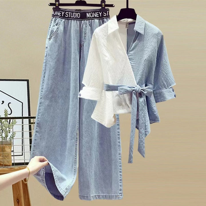 Damen Zweiteiliges Set mit lockerem, gestreiften Oberteil und weiter Jeans-Hose Drune