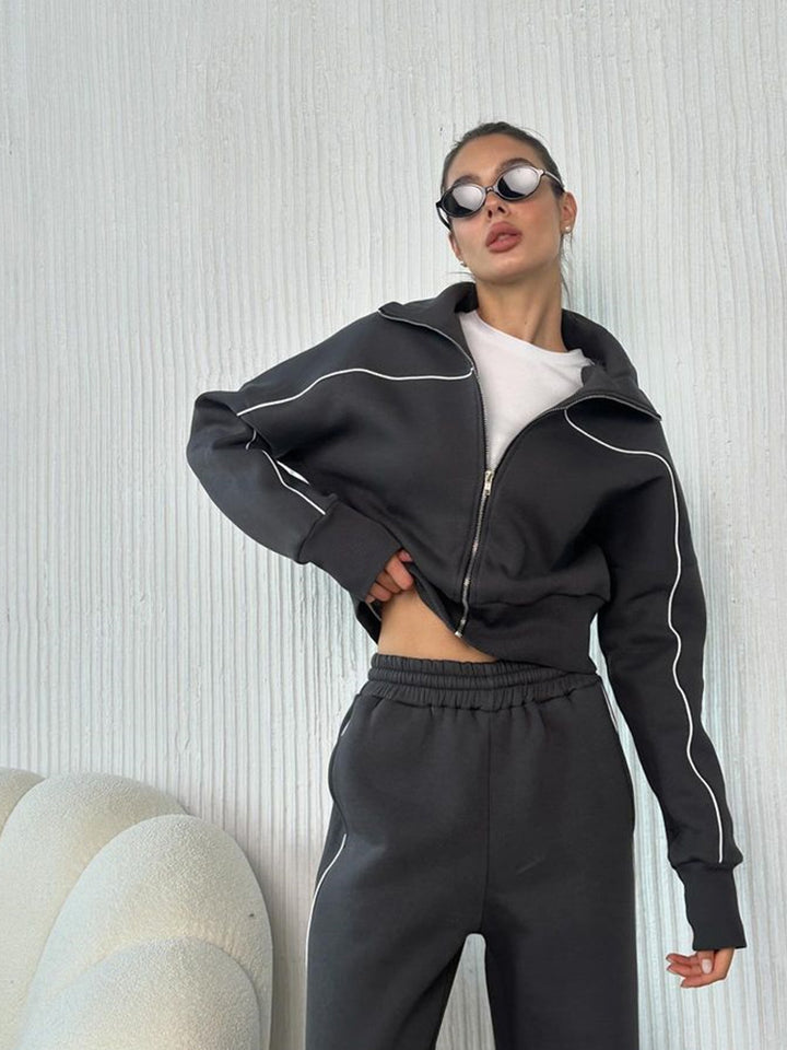 Damen nan zweiteiliges Sport-Loungewear-Set mit Stehkragen und Kontrastpaspel Drune