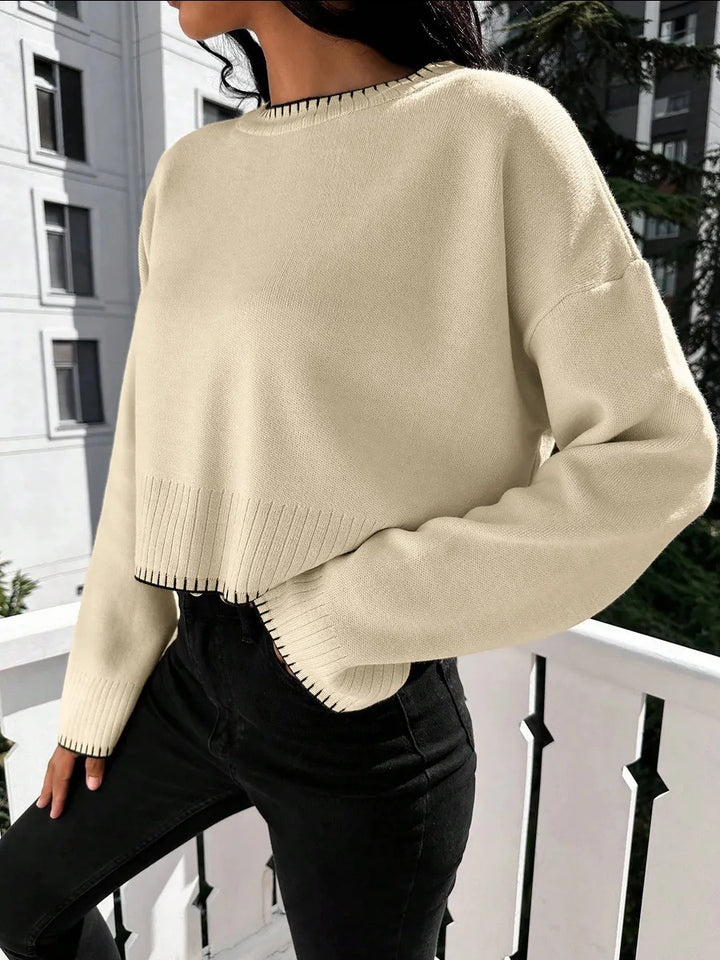Damen lässiger Crop-Pullover mit strukturierten Säumen und Rundhalsausschnitt Drune