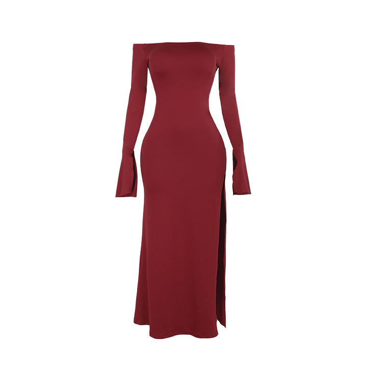 Damen figurbetontes schulterfreies Maxikleid mit elegantem Schlitz Drune
