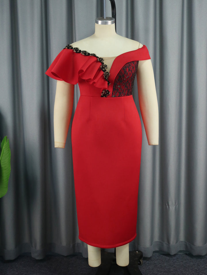 Damen elegantes Kleid mit asymmetrischem Schnitt und floralen Akzenten Drune