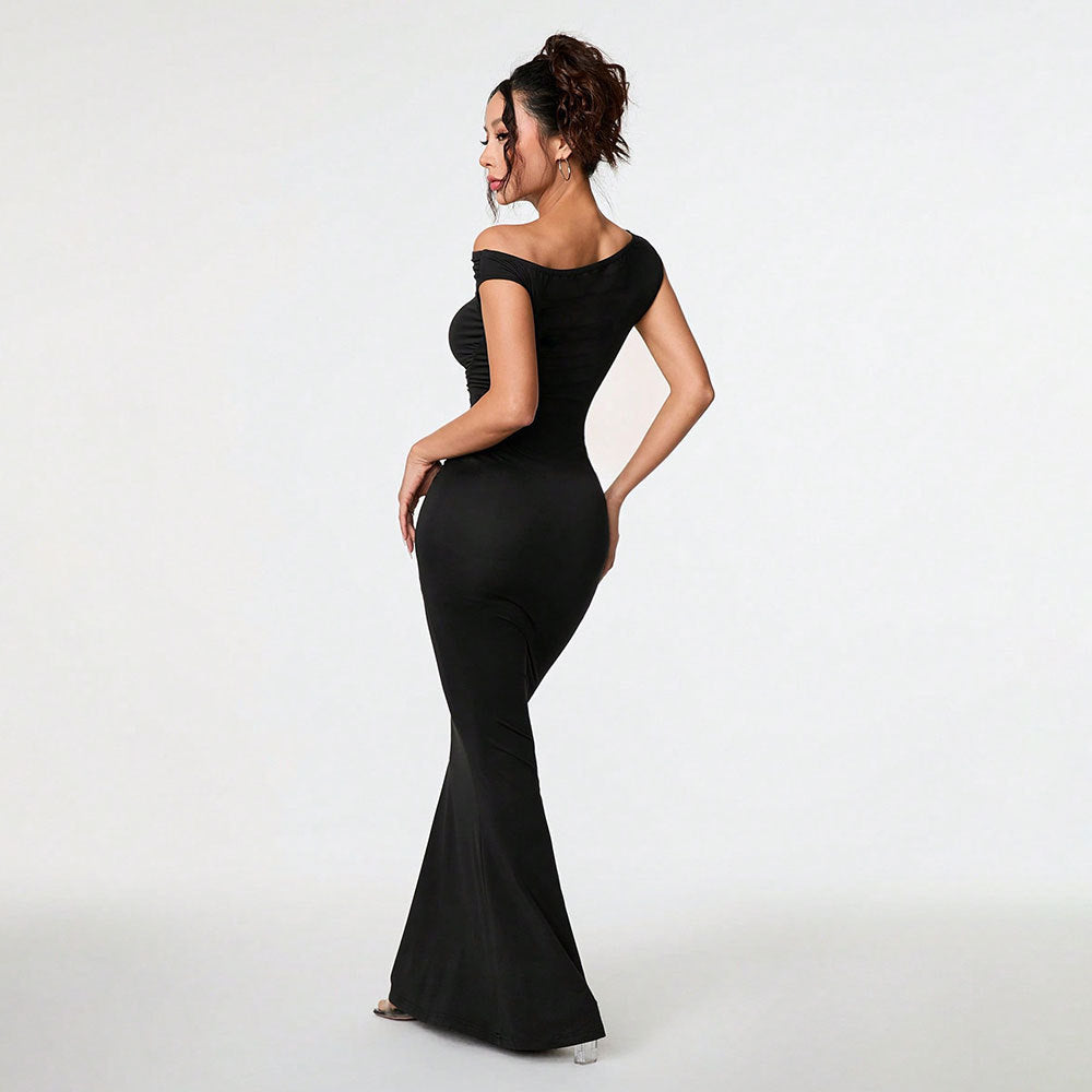 Damen Körperbetontes Wickelkleid mit schulterfreiem Design und eleganten Rüschendetails Drune