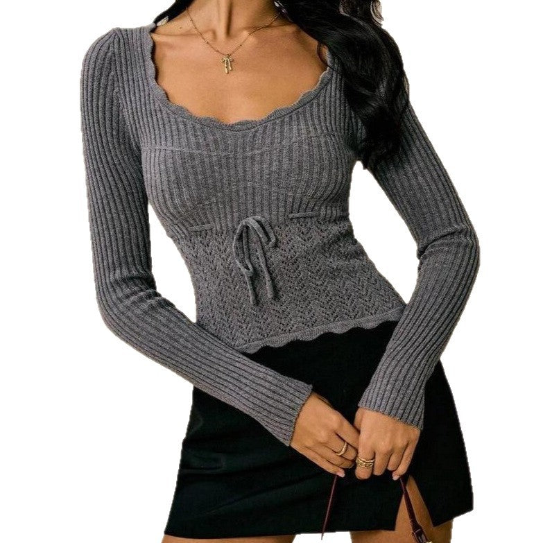Damen figurbetontes Strickoberteil mit verziertem Saum Drune