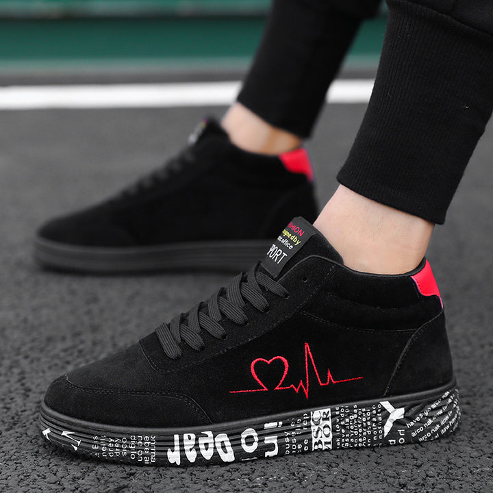Unisex nan hochgeschnittener Freizeitschuh mit gesticktem Herz-EKG-Motiv und bedruckter Gummisohle Drune