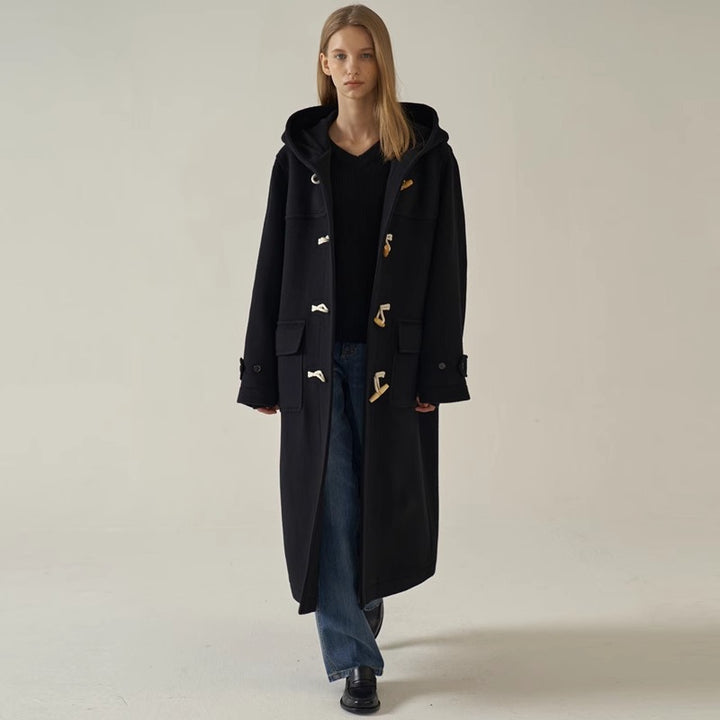 Damen langer Dufflecoat mit Kapuze Drune