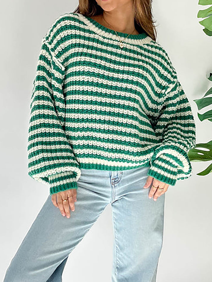 Damen Cropped Strickpullover mit weit ausgestellten Ärmeln und Streifenmuster Drune