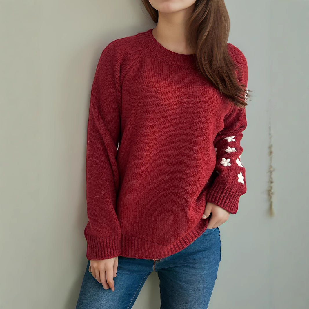 Damen Strickpullover mit floralen Applikationen und lässigem Schnitt Drune