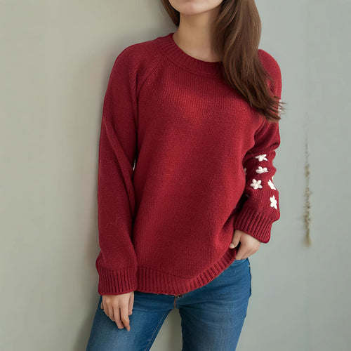 Damen Strickpullover mit floralen Applikationen und lässigem Schnitt Drune