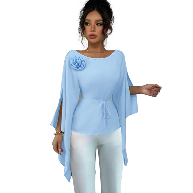 Damen elegantes Oberteil mit Abknöpfbarem Blumenapplikation und Flügelärmel Drune