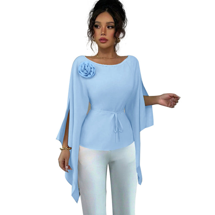 Damen elegantes Oberteil mit Abknöpfbarem Blumenapplikation und Flügelärmel Drune