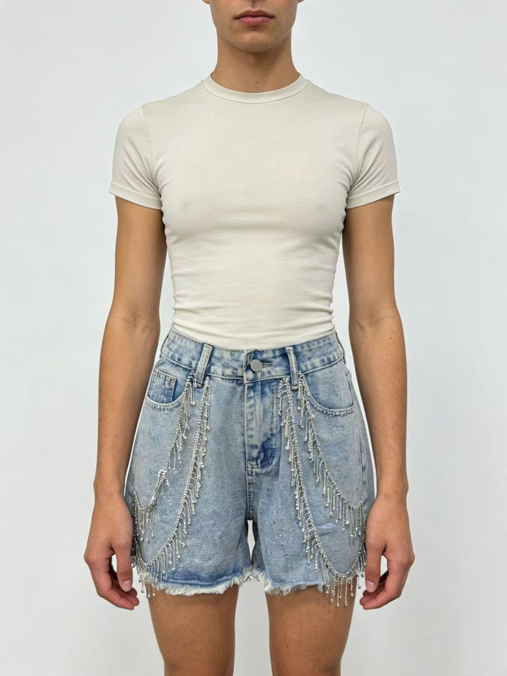 Damen Designer Denim-Shorts mit trendigen Kettenverzierungen Drune