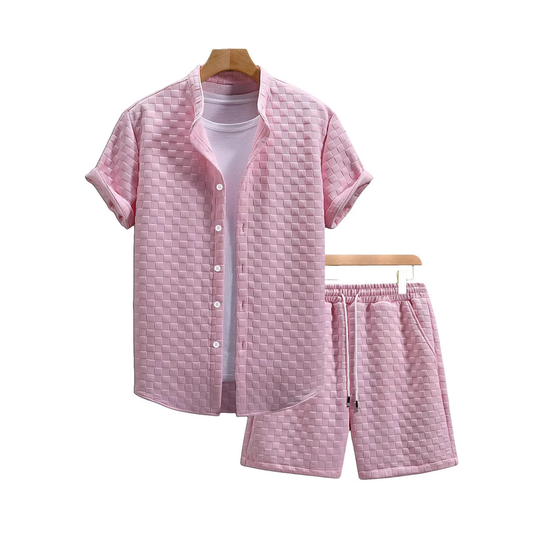 Herren nan zweiteiliges Sommerensemble mit Stehkragen-Hemdjacke und elastischen Komfort-Shorts in geprägter Karo-Textur Drune