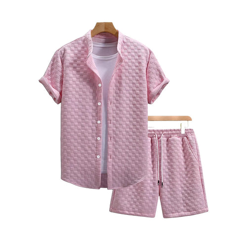 Herren nan zweiteiliges Sommerensemble mit Stehkragen-Hemdjacke und elastischen Komfort-Shorts in geprägter Karo-Textur Drune