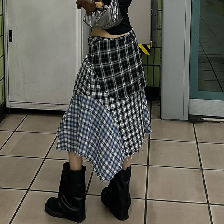 Damen asymmetrischer karierter Rock mit Bindegürtel Drune