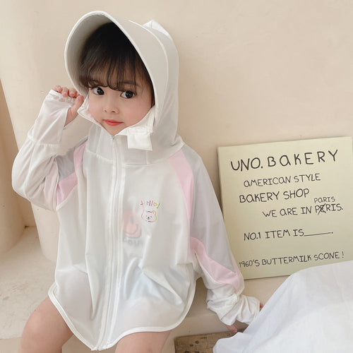 Unisex nan ultraleichte Kinder-Sonnenschutzjacke mit Kapuze, Reißverschluss, Meshfutter und Bärenstickerei  Drune