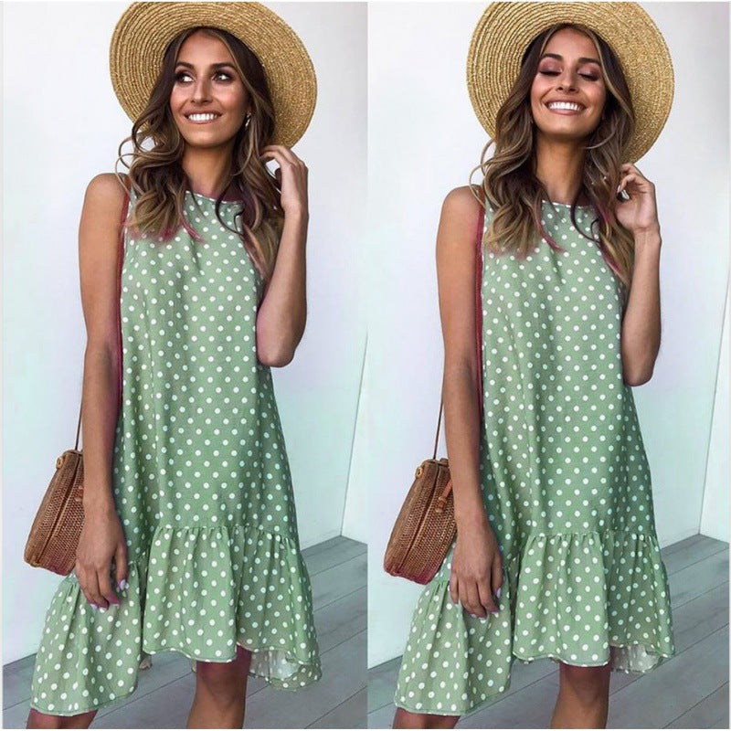 Damen Sommerliches A-Linien Kleid mit Rüschensaum und Punkten Drune