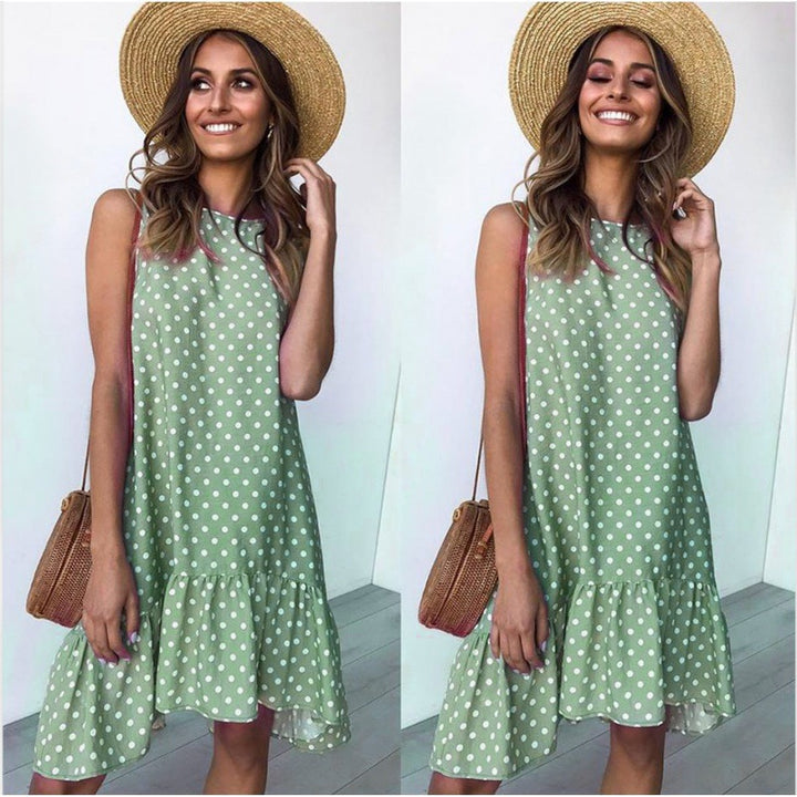 Damen Sommerliches A-Linien Kleid mit Rüschensaum und Punkten Drune