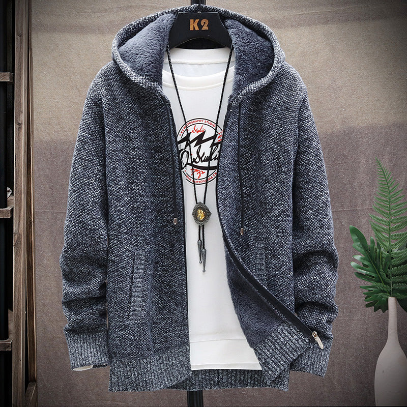 Herren nan gefütterte Strick-Kapuzensweatjacke mit Teddyfutter, durchgehendem Reißverschluss und Kängurutaschen Drune