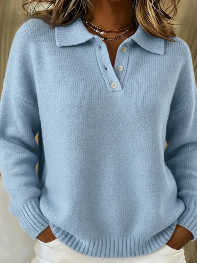 Damen nan kuscheliger Polokragenpullover mit kurzer Knopfleiste und gerippten Bündchen Drune