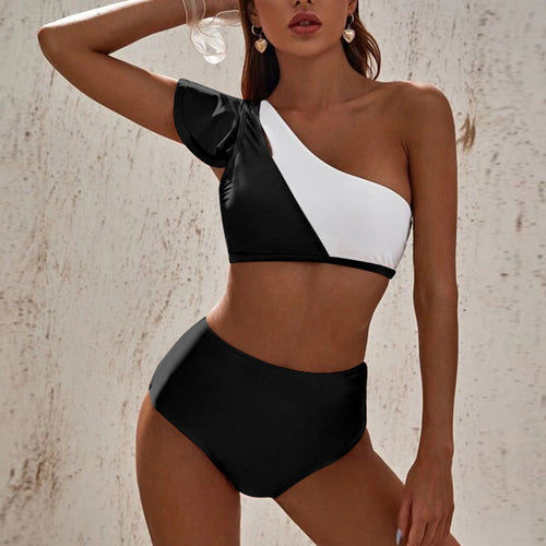 Damen asymmetrisches Bikini-Set mit hohem Bund Drune