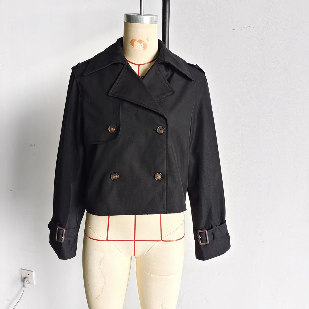 Damen cropped Trenchcoat mit doppelter Knopfleiste und verstellbaren Ärmeln Drune