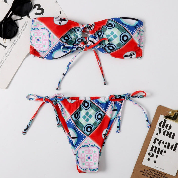 Damen Bandeau-Bikini mit aufregendem Mustermix und verstellbaren Trägern Drune