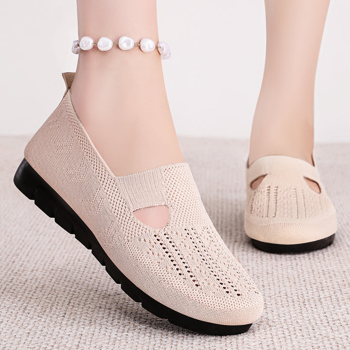Damen nan gestrickter Slip-On Ballerina-Slipper mit elastischem Mary-Jane-Riemen und gedämpfter Keilsohle Drune
