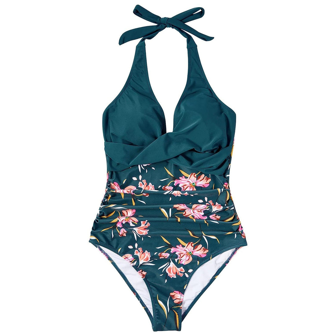 Damen Einteiler Badeanzug mit floralem Wickel-Design und verstellbaren Trägern Drune