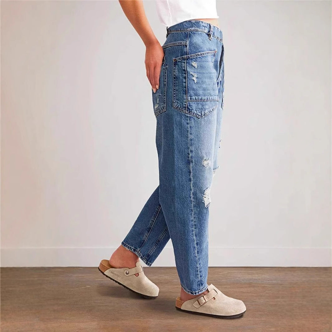 Damen weit geschnittene Jeans mit kreativen Taschen und Destroyed-Details Drune