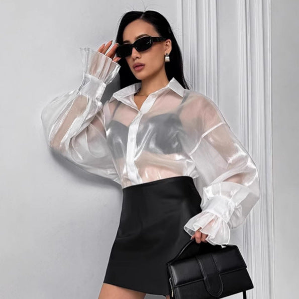Damen Transparente Bluse mit voluminösen Ärmeln und eleganten Rüschendetails Drune