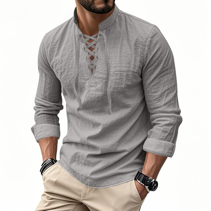 Herren nan Leinenoptik Langarmshirt mit Schnürung V-Ausschnitt und Stehkragen Drune