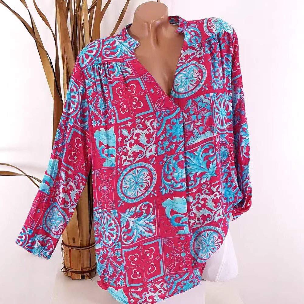 Damen Bluse mit floralem Ornamentmuster und lässigem Schnitt Drune
