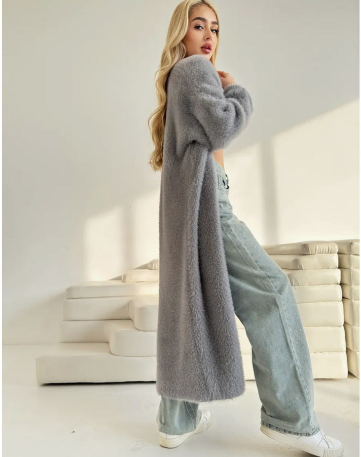 Damen Langer Flauschiger Cardigan mit offenem Schnitt und überschnittenen Ärmeln Drune