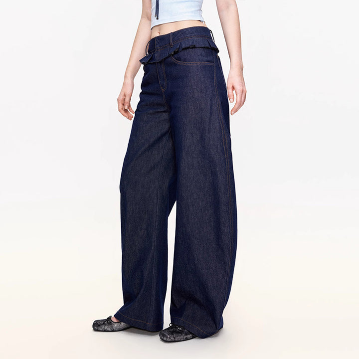 Damen weite Denim-Hose mit hoch geschnittenem Bund und modischen Falten Drune