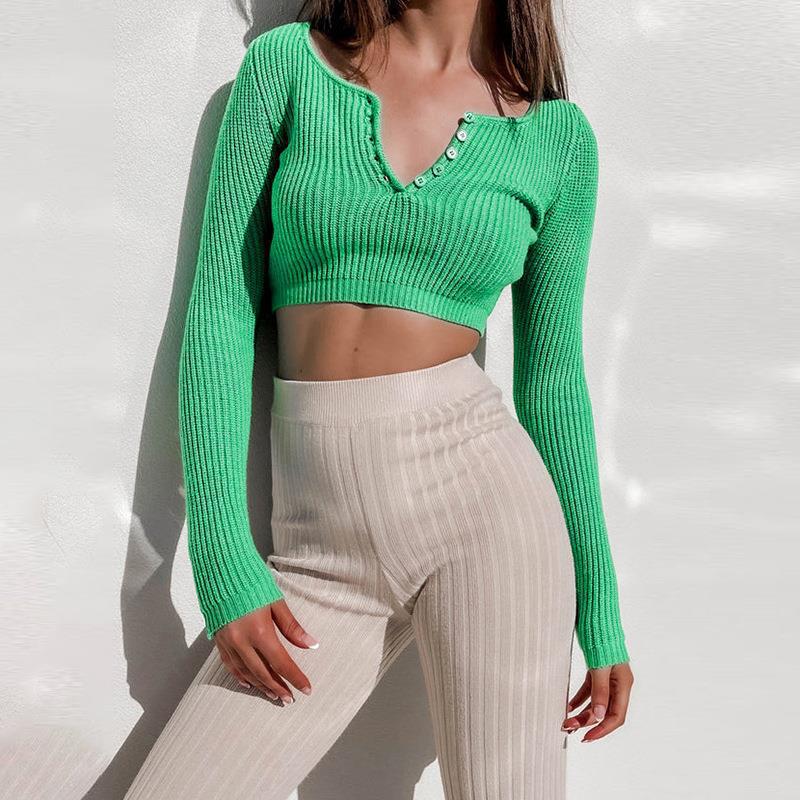 Damen figurbetontes Strick-Crop-Top mit tiefem V-Ausschnitt und Knopfleiste Drune