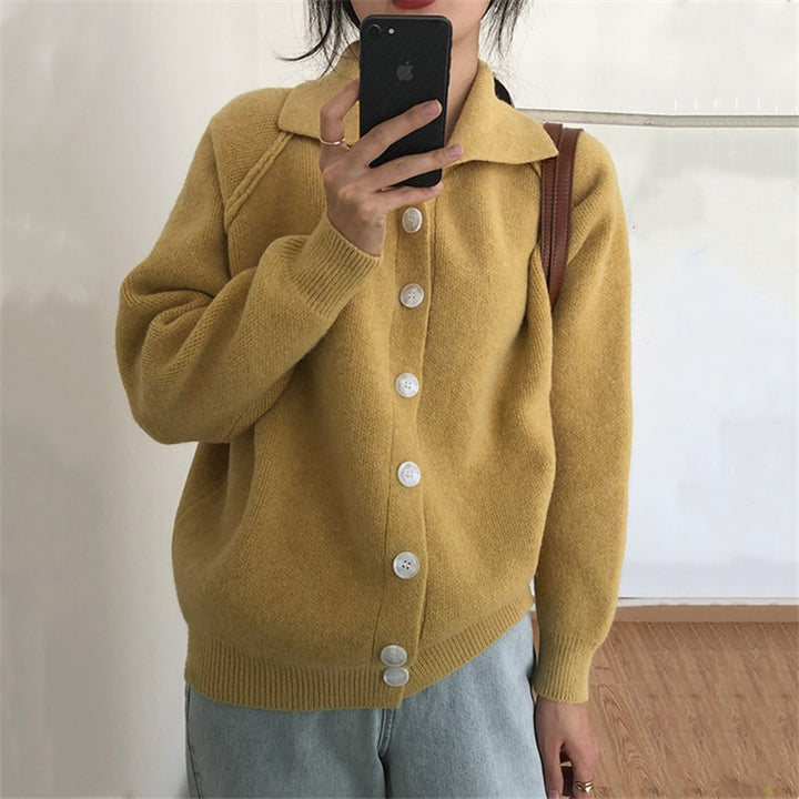 Damen bequemer Strickcardigan mit klassischem Kragen und Knopfverschluss Drune