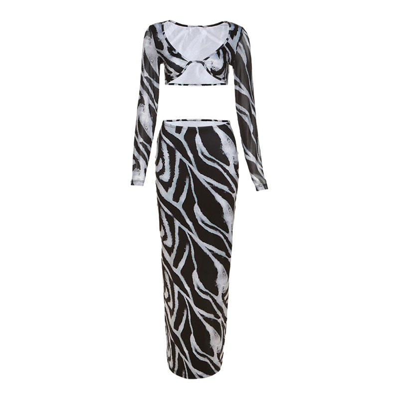Damen Elegant gestreiftes Crop-Top und Maxi-Rock Set Drune