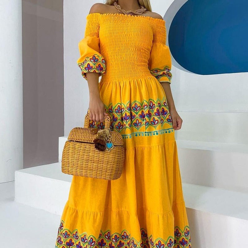 Damen Boho-Maxikleid mit schulterfreiem Design und verspieltem Stickereidetail Drune