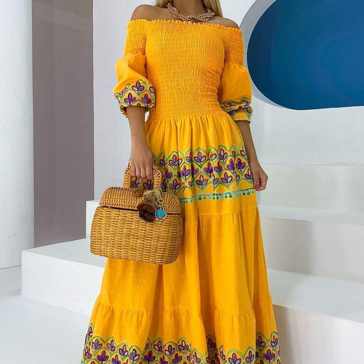 Damen Boho-Maxikleid mit schulterfreiem Design und verspieltem Stickereidetail Drune